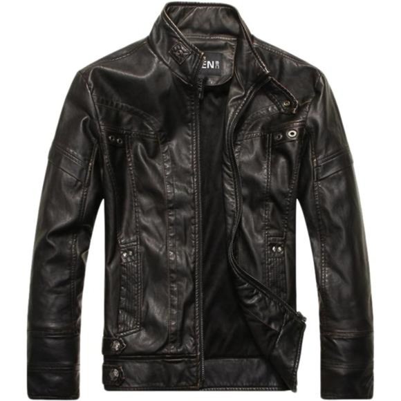 Men's Vintage Stand Collar Pu Leather Jacket Dzqm769-black